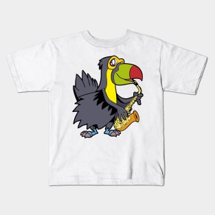 Comic toucan playing saxophone Kids T-Shirt